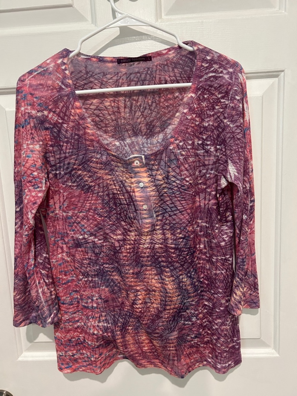Casual Sheer Scoop Neck Long Sleeve Tee in Multi Pink by Casual Freedom.